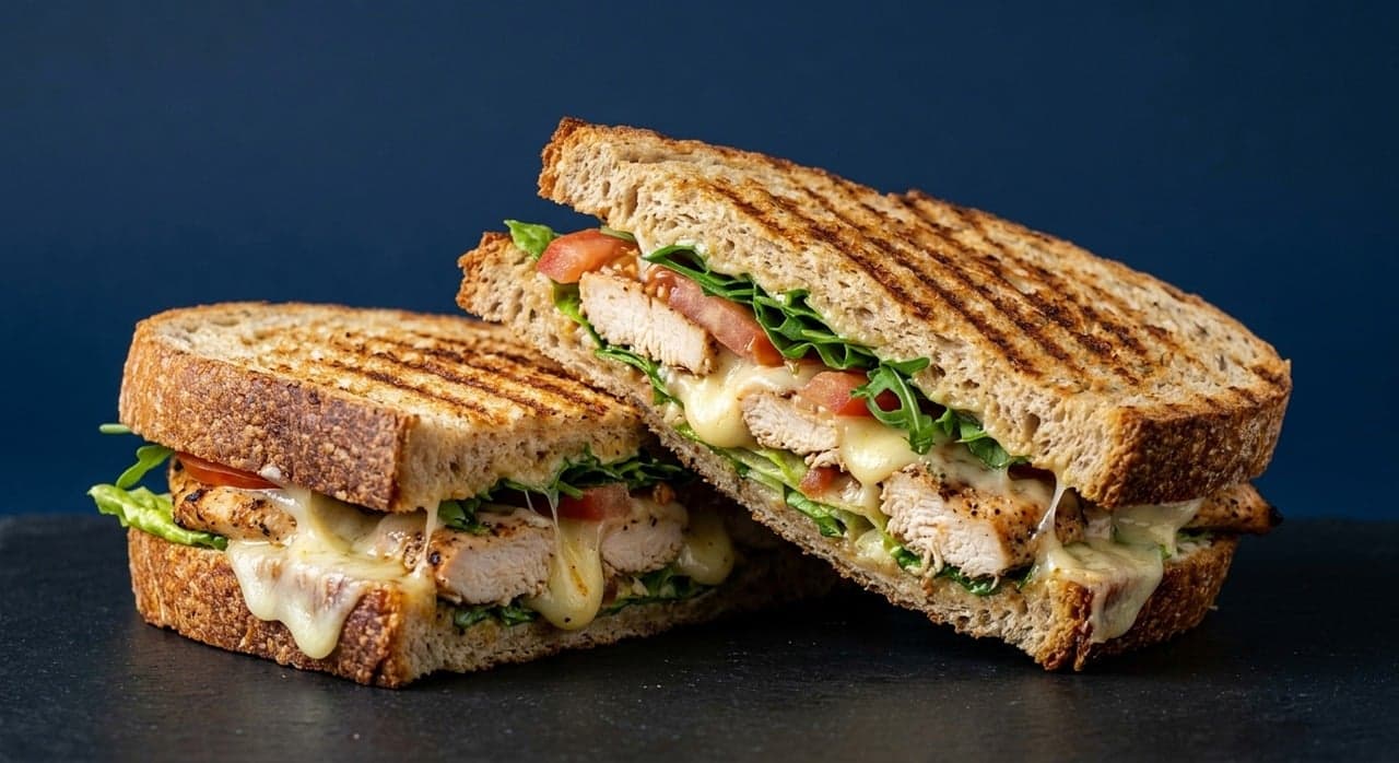A toasted panini with melted cheese, cut in half